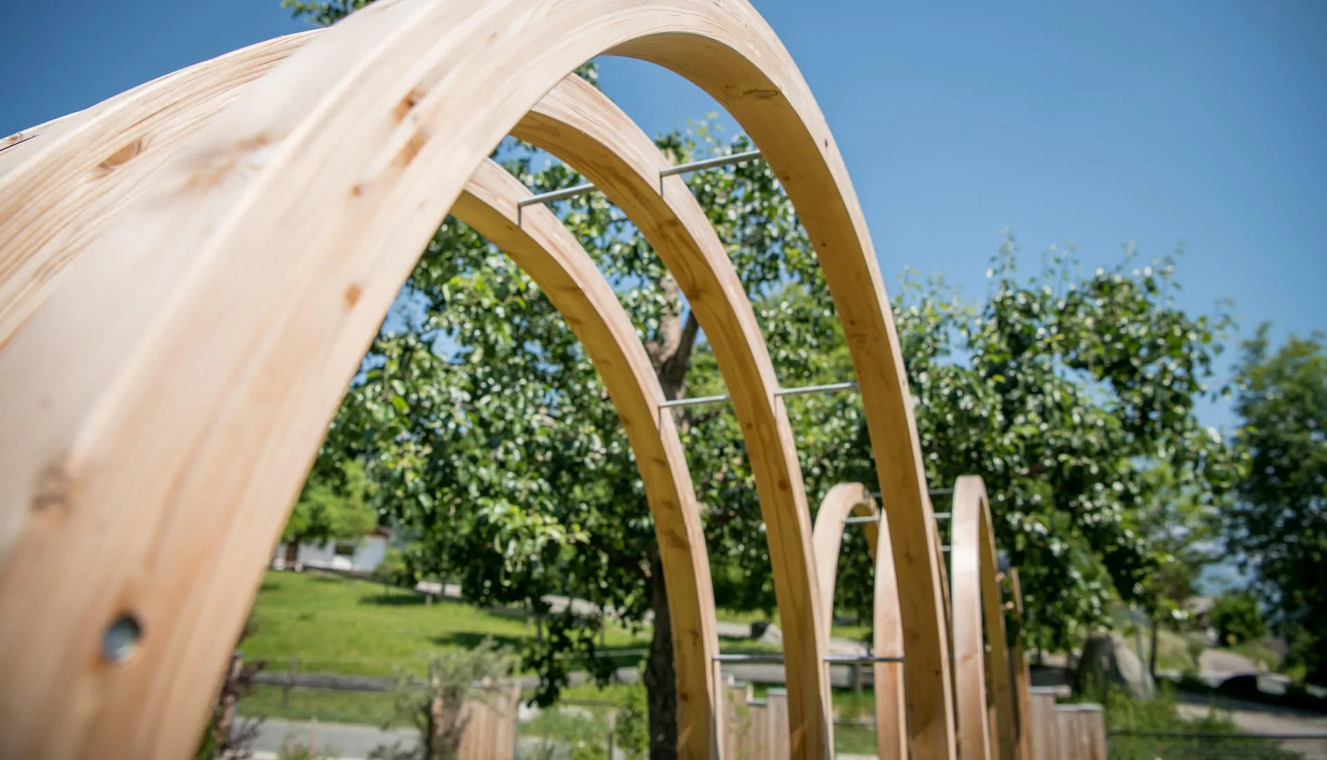 Ein aus Holz gefertigter Bogen in einem Garten an einem sonnigen Tag.